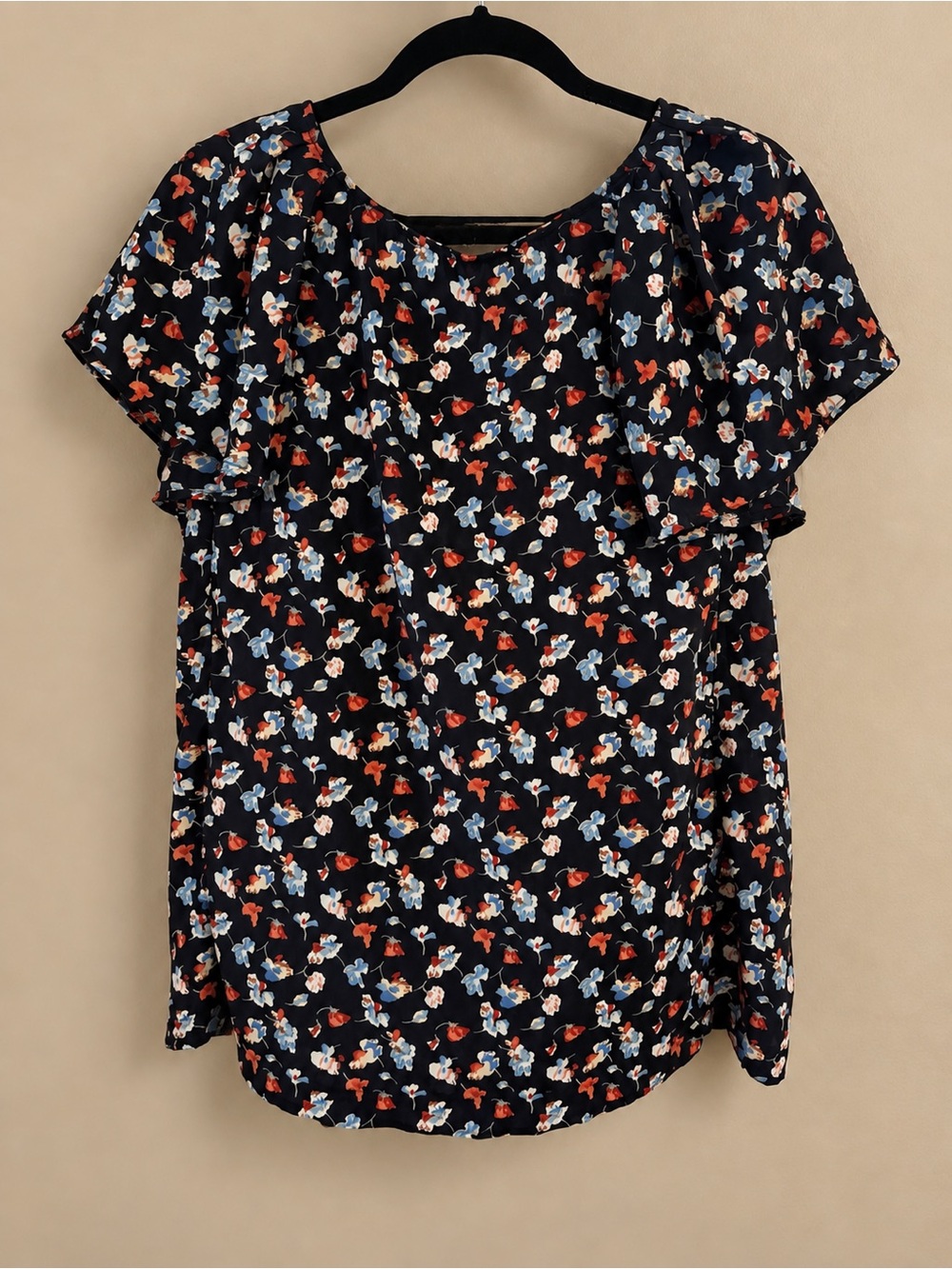 Paraella Navy Floral Short-Sleeve Blouse with Red & Light Blue Flowers